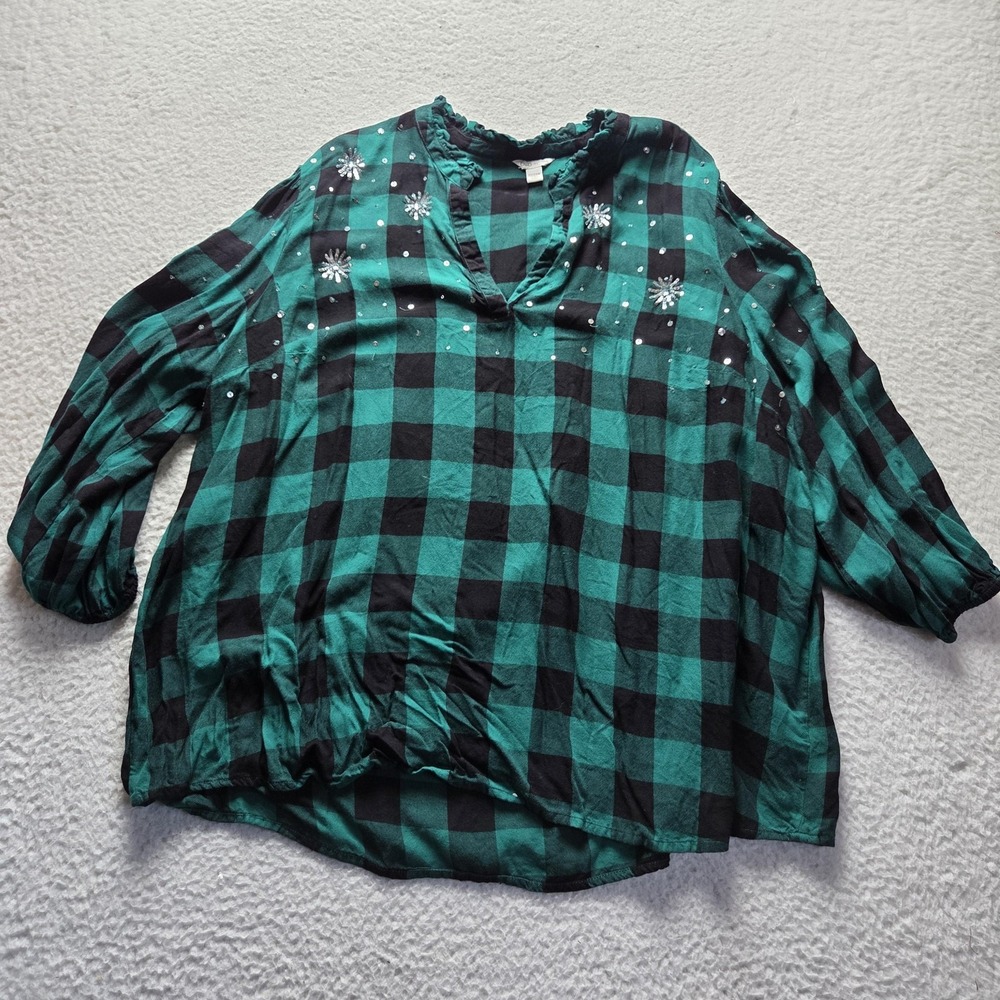 Cato Blouse Womens Plus 24W Green V Neck Long Sleeve Plaid Sequin Tunic Top